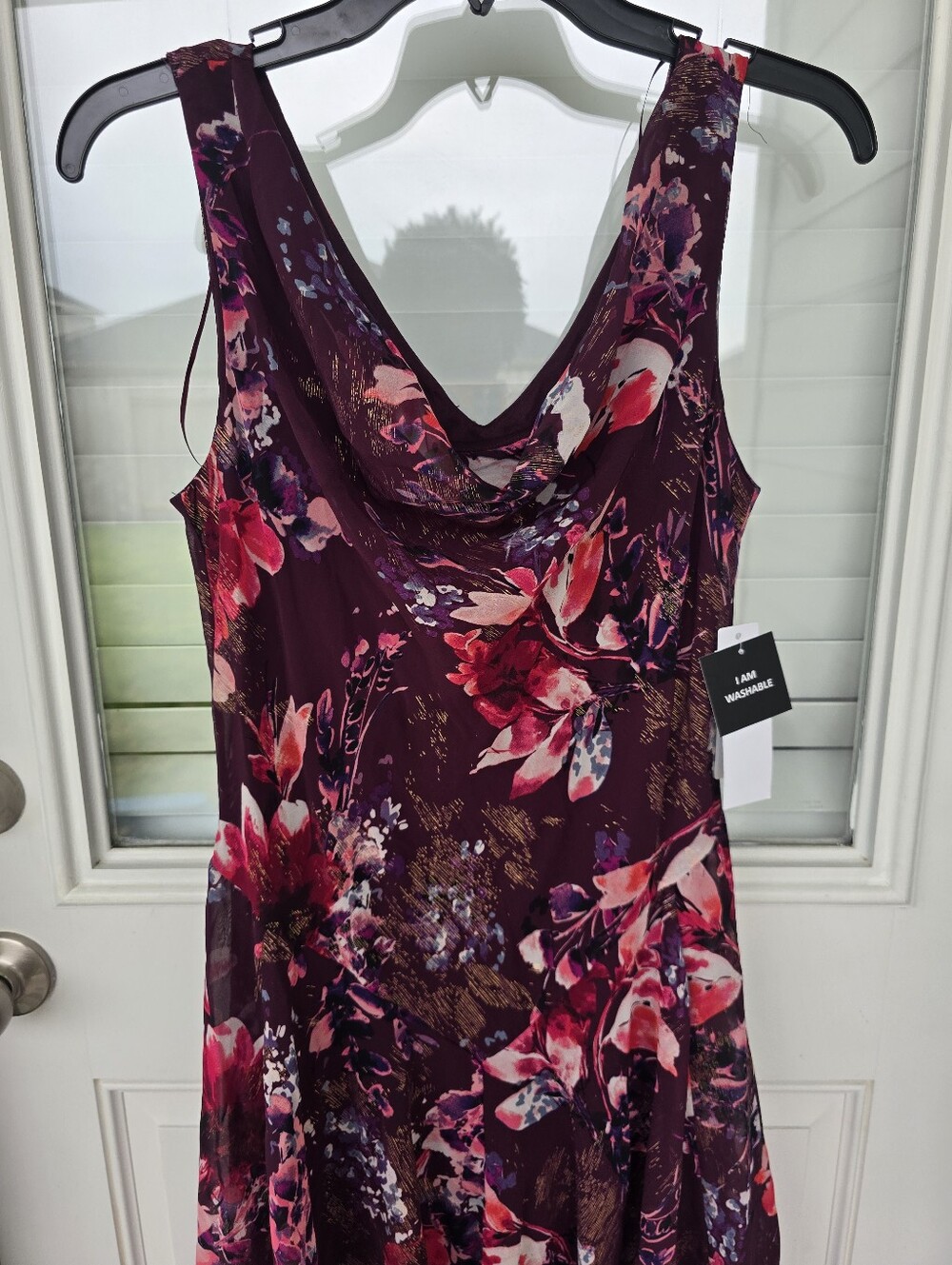 Signature by Robbie Bee Floral Midi Dress Sz 8 Purple Pink Sleeveless Cowl Neck - Picture 10 of 11